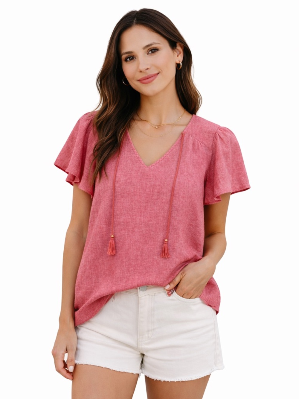 Harve Benard Linen Flutter Sleeve Tassel Tie Blouse Pink L ? Size Tag Missing